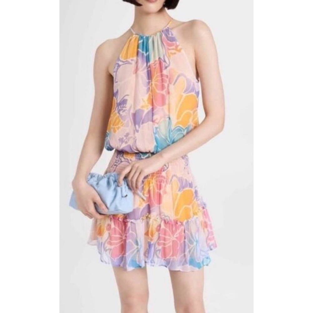 Ramy Brook Pastel Floral Halter Mini Dress in Pink, Yellow & Blue